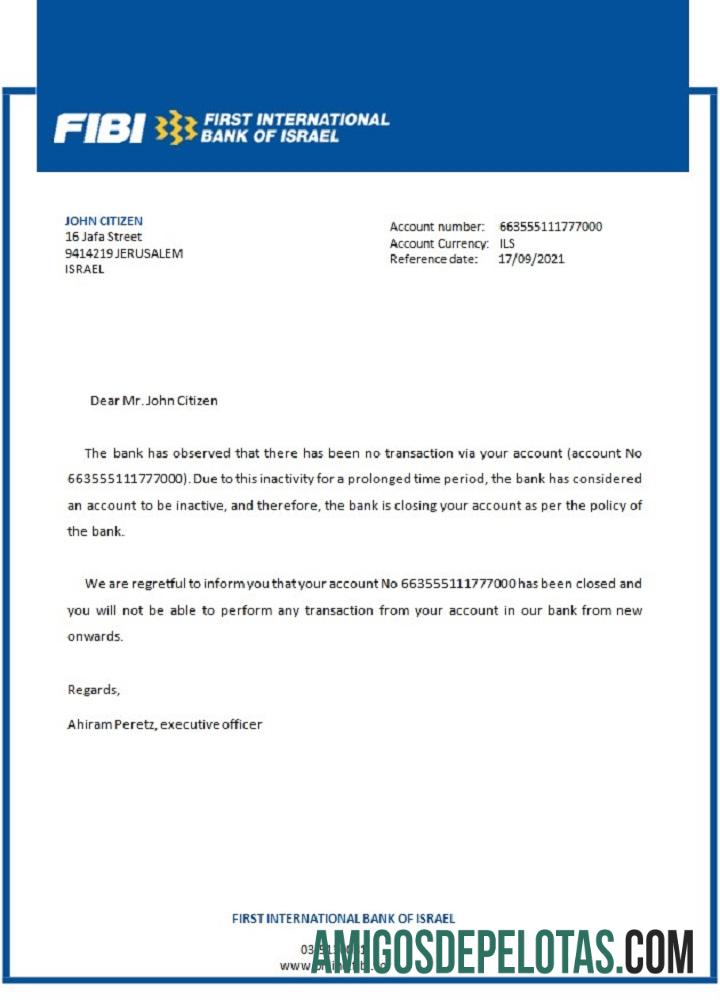 Referência de fechamento da FIBI em Israel exemplo real